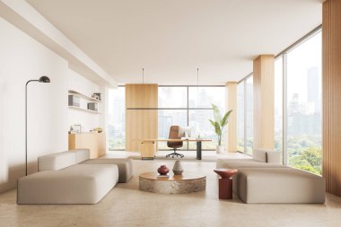 Rahat bir ofis odası. Koltuğu ve sehpası olan rahat bir yer. Çalışma masasında bilgisayar, süslemeli büfe. Bangkok gökdelenlerinin panoramik penceresi. 3B görüntüleme