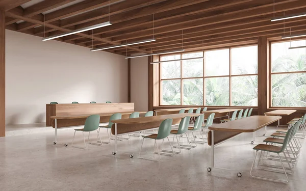 Beige and wooden press room interior with desk and chairs in row, side view panoramic window on tropics. Conference, interview or meeting corner with stylish design. 3D rendering