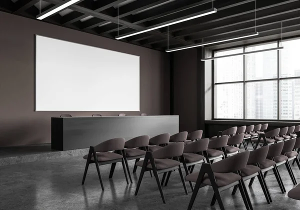 Dark brown press room interior with table and chairs in row, side view panoramic window on skyscrapers. Minimalist conference or meeting corner with mockup blank whiteboard. 3D rendering