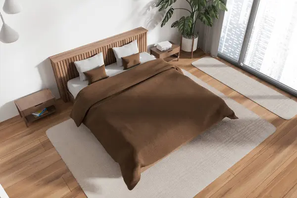 Şık Bir Yatak Odası Manzarası Yatak Odası Kahverengi Yatak Çarşafları — Stok fotoğraf
