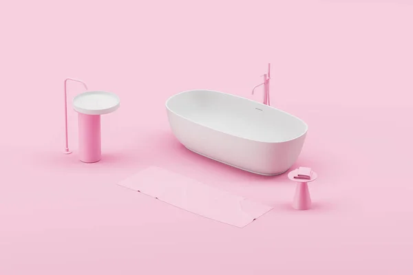 粉红酒店浴室内部与白色浴缸和洗脸盆与混合器安装的顶部视图 带侧桌和毛巾的沐浴空间 3D渲染说明 — 图库照片