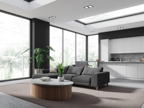 Interior Stylish Living Room Gray Walls Concrete Floor Cozy Gray — Stock Photo, Image
