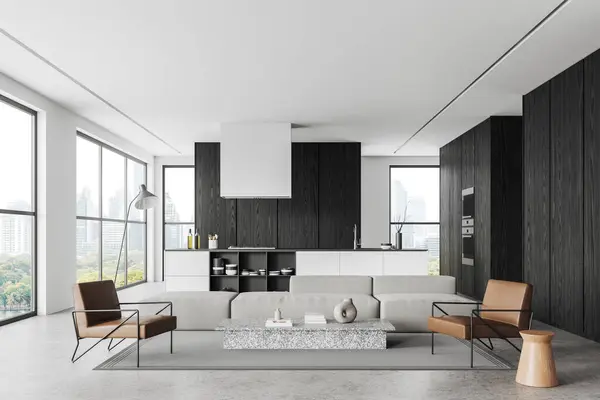 Weiß Und Schwarz Modernes Home Studio Interieur Mit Sofa Und — Stockfoto