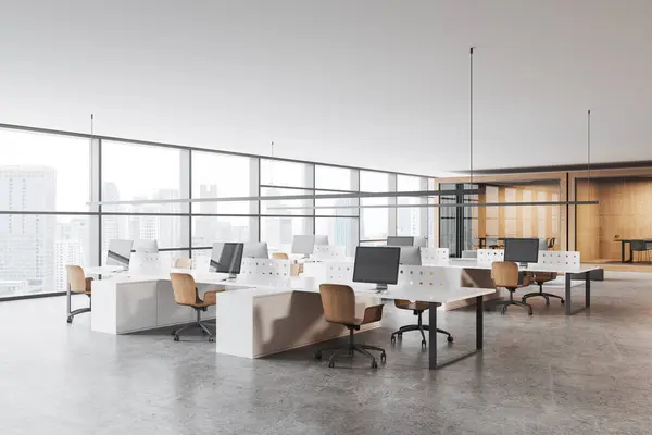 White and wooden office interior with coworking corner, side view pc computers on shared tables with divider. Glass meeting boxes with curtains in row. Panoramic window on skyscrapers. 3D rendering
