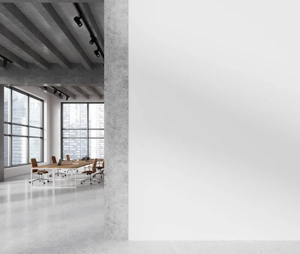 Grey corporate office loft interior with chairs and table, grey concrete floor. Stylish meeting or workspace with panoramic window on Singapore skyscrapers. Mockup empty blank partition. 3D rendering