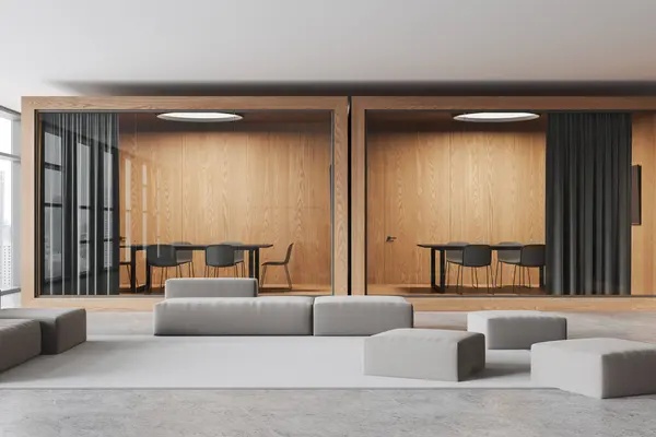 Gemütliche Büroeinrichtung Mit Relax Und Gläsernen Konferenzboxen Reihe Modularer Sofa — Stockfoto