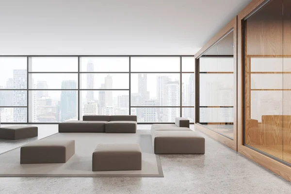 Gezellig Zakelijk Interieur Met Chill Glazen Vergaderbox Modulaire Sofa Poef — Stockfoto