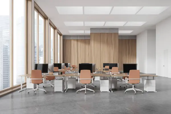 White wooden office interior with pc monitors and table in row, grey concrete floor. Stylish coworking space with panoramic window on Singapore skyscrapers. 3D rendering
