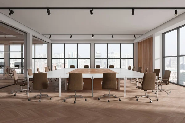 Modern conference interior with chairs and board, hardwood floor. Minimalist meeting or negotiation space, panoramic window on Singapore skyscrapers. 3D rendering