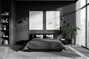 Karanlık ev yatak odası iç yatak ve bitki, dekorasyonlu raf, gri beton zeminde halı. İki tane tuval posterli şık bir uyku odası. Gökdelenlerin panoramik penceresi. 3B görüntüleme