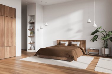 Lüks ev yatak odası, yatak odası, dekoratif raf, yan görüş. Ahşap gardıroplu yataklı köşe ve dekorasyonlu raf, ahşap döşemeli halı. 3B görüntüleme