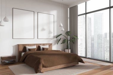 Beyaz ev yatak odası iç yatak ve bitki, yan görüş sehpası ve ahşap döşeme. Panoramik pencereli beyaz uyku köşesi. Sıraya dizilmiş iki tane tuval posteri. 3B görüntüleme