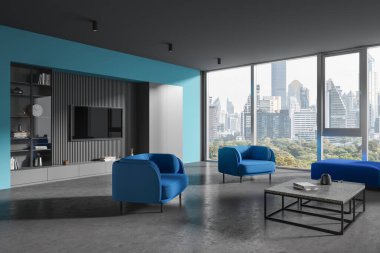 Blue and grey home living room interior with armchairs and sofa, tv console and shelf with decoration. Panoramic window on Bangkok skyscrapers. 3D rendering