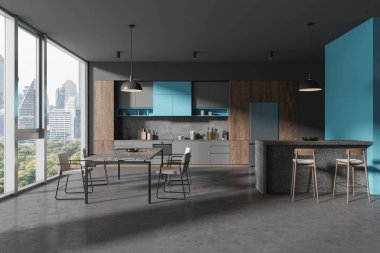 Dark home kitchen interior with bar island and stool, grey concrete floor. Dining and cooking space with cabinet, fridge and panoramic window on Bangkok skyscrapers. 3D rendering