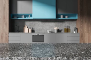 Dark stone countertop on blurred background of modern home kitchen interior, sink and kitchenware on shelf. Mock up copy space for product display. 3D rendering