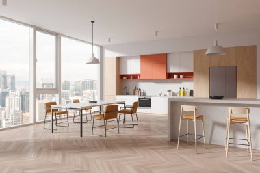 Modern home kitchen interior with bar island and stool, side view hardwood floor. Wooden and white dining and cooking corner with cabinet, fridge and panoramic window on Kuala Lumpur. 3D rendering