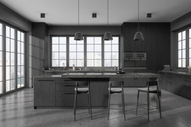 Dark home kitchen interior with bar island, grey concrete floor. Stylish cooking space with shelves and kitchenware. Panoramic window on Singapore skyscrapers. 3D rendering