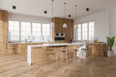 Corner view of home kitchen interior with bar island and stool, hardwood floor. Elegant cooking space with shelves and kitchenware. Panoramic window on Kuala Lumpur skyscrapers. 3D rendering