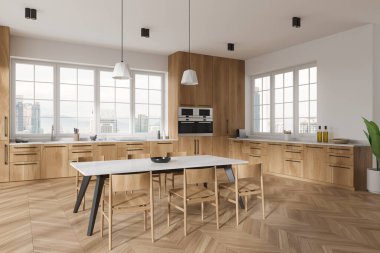 White and wooden home kitchen interior with dinner table and chairs, side view hardwood floor. Minimalist cooking corner with cabinet, panoramic window on Kuala Lumpur skyscrapers. 3D rendering