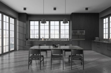 Dark home kitchen interior with eating table and chairs, grey concrete floor. Minimalist cooking space with cabinet, panoramic window on Singapore skyscrapers. 3D rendering