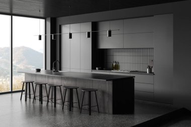 Corner view of kitchen interior with bar island and stool, cabinet shelves with kitchenware. Eating and cooking space, panoramic window on countryside. 3D rendering