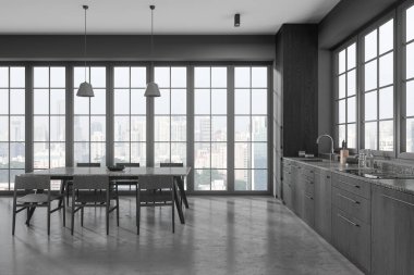 Dark home kitchen interior with dining table and chairs, grey concrete floor. Minimalist cooking space with cabinet and panoramic window on Singapore skyscrapers. 3D rendering