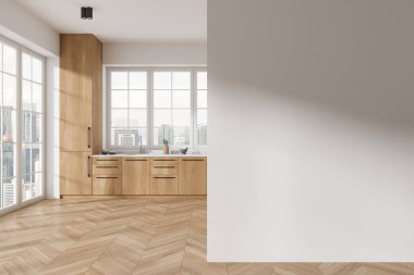 Stylish home kitchen interior with cabinet and kitchenware, hardwood floor. Wooden and white cooking space in modern apartment with panoramic window. Mockup empty wall partition. 3D rendering