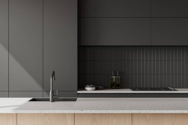 Modern home kitchen interior with sink and stove, dishes and plates on counter. Closeup of bar island with sink, minimalist cooking space in modern apartment. 3D rendering