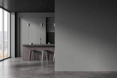 Dark hotel kitchen interior with bar island and stool, cabinet with kitchenware. Eating and cooking space, panoramic window on countryside. Mockup copy space wall partition. 3D rendering