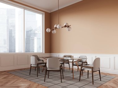 Stylish home classical living room interior with table and chairs, side view carpet on hardwood floor. Beige eating or dining corner with panoramic window on skyscrapers. 3D rendering