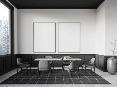 Black and white home living room interior with eating table and chairs, dining space on carpet, light concrete floor. Panoramic window on skyscrapers. Two mock up blank posters in row. 3D rendering