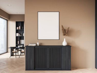 Cozy home living room interior with sideboard, eating table with chairs behind partition. Panoramic window on skyscrapers, hardwood floor. Mock up canvas poster. 3D rendering