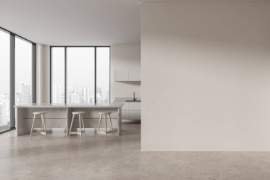 Cozy stylish home kitchen interior bar counter, cabinet, fridge and minimalist kitchenware with sink. Panoramic window on Singapore skyscrapers. Mockup empty copy space wall. 3D rendering