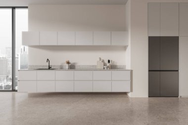 White modern home kitchen interior cooking cabinet, fridge and minimalist kitchenware with sink and stove. Panoramic window on Singapore skyscrapers. 3D rendering