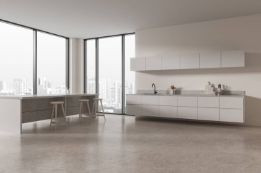 Corner view of stylish home kitchen interior bar island, cabinet, fridge and minimalist kitchenware with sink. Panoramic window on Singapore skyscrapers. 3D rendering