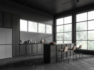 Dark home kitchen interior with bar island and stool, side view cabinet with refrigerator and panoramic window on tropics. Eating and cooking corner on hardwood floor. 3D rendering
