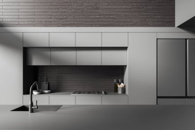 Dark home kitchen interior with sink and stove, kitchenware and fridge. Closeup of bar counter, minimalist cooking area in modern apartment. 3D rendering