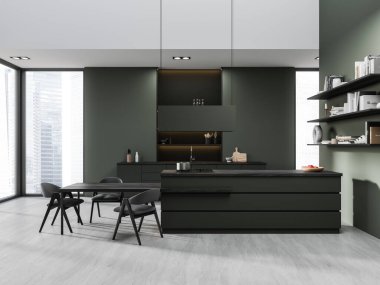 Dark home kitchen interior with eating table and chairs, bar counter with shelf and kitchenware. Stylish cooking space with panoramic window on Singapore skyscrapers. 3D rendering
