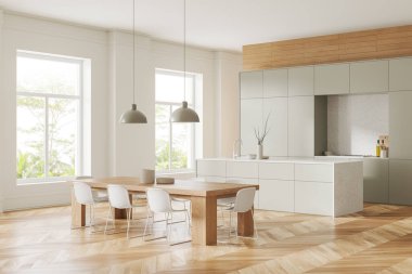 Elegant hotel kitchen interior with dining table, bar island and shelves on hardwood floor. Cooking corner in luxury apartment with panoramic window on tropics. 3D rendering