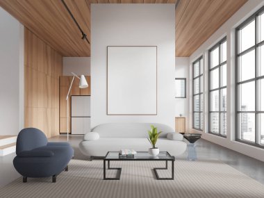 Stylish white and wooden flat interior with sofa and coffee table, carpet on concrete floor. Lounge and cooking zone, panoramic window on skyscrapers. Mock up blank canvas poster. 3D rendering