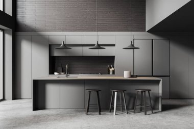 Dark home kitchen interior with bar island and stool, cabinet with refrigerator and kitchenware. Eating and cooking space, grey concrete floor. 3D rendering