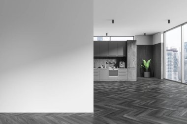 Black and white office kitchen interior cabinet on hardwood floor. Cooking space with kitchenware and plant, panoramic window on city skyscrapers. Mock up empty wall partition. 3D rendering