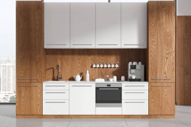 Modern office kitchen interior cabinet on tile concrete floor. Wooden shelves with minimalist kitchenware and oven. Panoramic window on city skyscrapers. 3D rendering