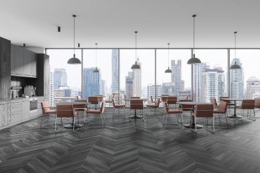Black wooden office kitchen interior with tables and chairs, hardwood floor. Cooking cabinet with shelves. Panoramic window on Bangkok skyscrapers. 3D rendering