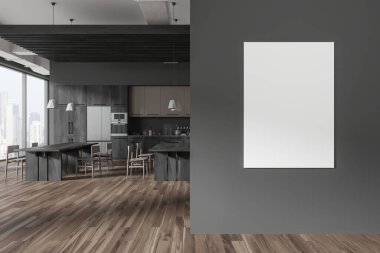 Dark office kitchen interior with dining tables and chairs in row. Cooking cabinet with refrigerator, hardwood floor. Panoramic window on Singapore. Mock up blank canvas frame. 3D rendering
