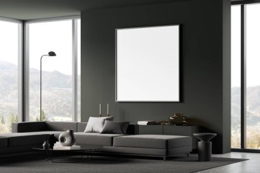 Dark home living room interior with sofa, side view coffee table on carpet. Scandinavian relax corner and sideboard near panoramic window. Mock up canvas poster on wall. 3D rendering