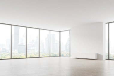 Corner view of white home studio interior with light concrete floor, side view empty hall in apartment. Sideboard near panoramic window on Bangkok skyscrapers. 3D rendering