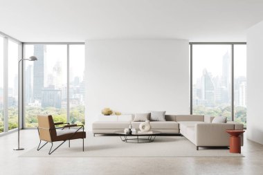 White chill room interior with sofa and armchair, coffee table with sideboard and carpet on light concrete floor. Panoramic window on Bangkok skyscrapers. Mock up copy space wall. 3D rendering