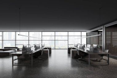 Dark business loft interior with lounge zone, coworking room with pc computers on desk. Glass meeting rooms and panoramic window on Bangkok skyscrapers. 3D rendering