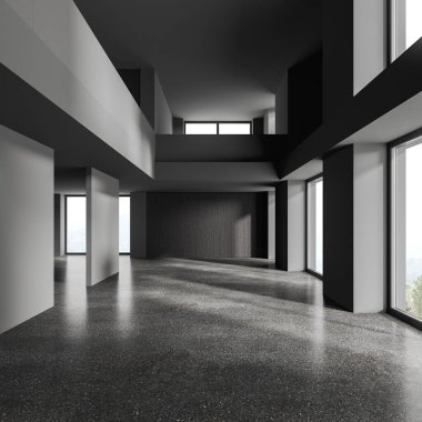 Dark two-storey empty office hall with panoramic window on countryside, grey granite floor. Minimalist corporate loft room for coworking or relaxing space. 3D rendering